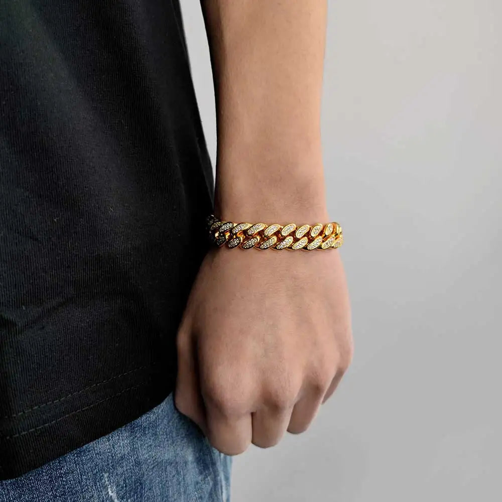 12mm Double Row Full Diamond Miami Cuban Link Bracelet Gold Silver Bling Cubic Zirconia Cuban Link Bracelet for Men - DripVault