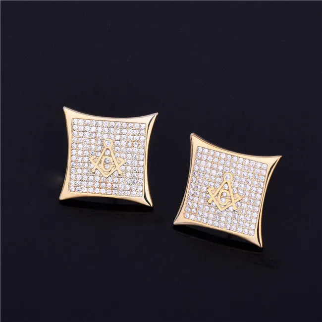 Iced Square Masonic Freemasonry Stud Earring Gold Color Cubic Zircon Earrings For Men Hip Hop Jewelry For Gift 15mm - DripVault