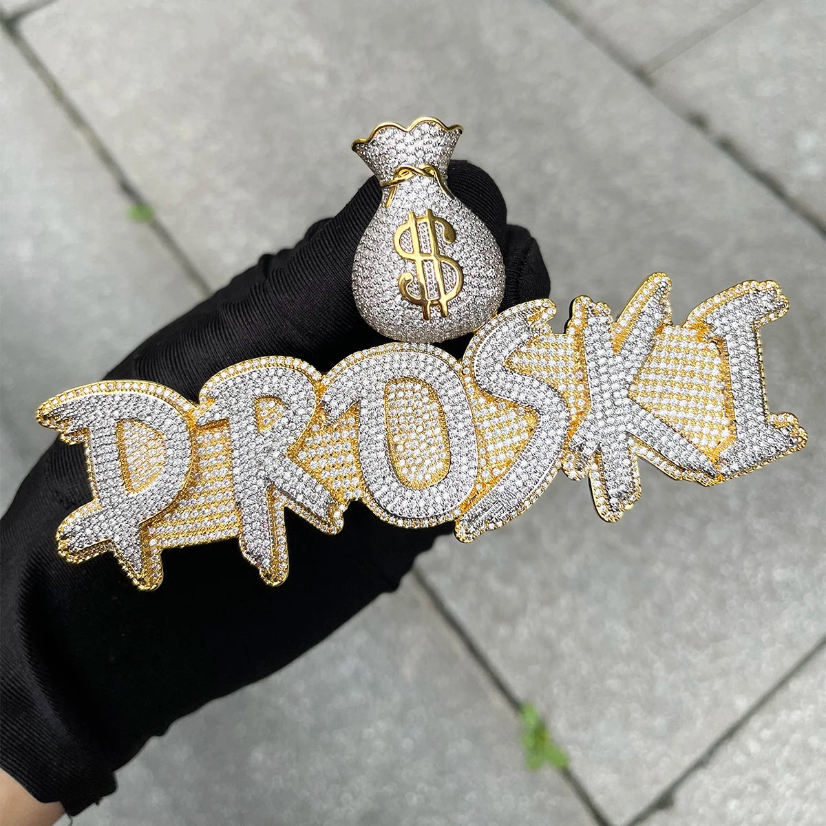 Custom Name Necklace Solid Base Iced Out Personalized Pendants Money Bag Bail Real Gold Plated Hip Hop - DripVault