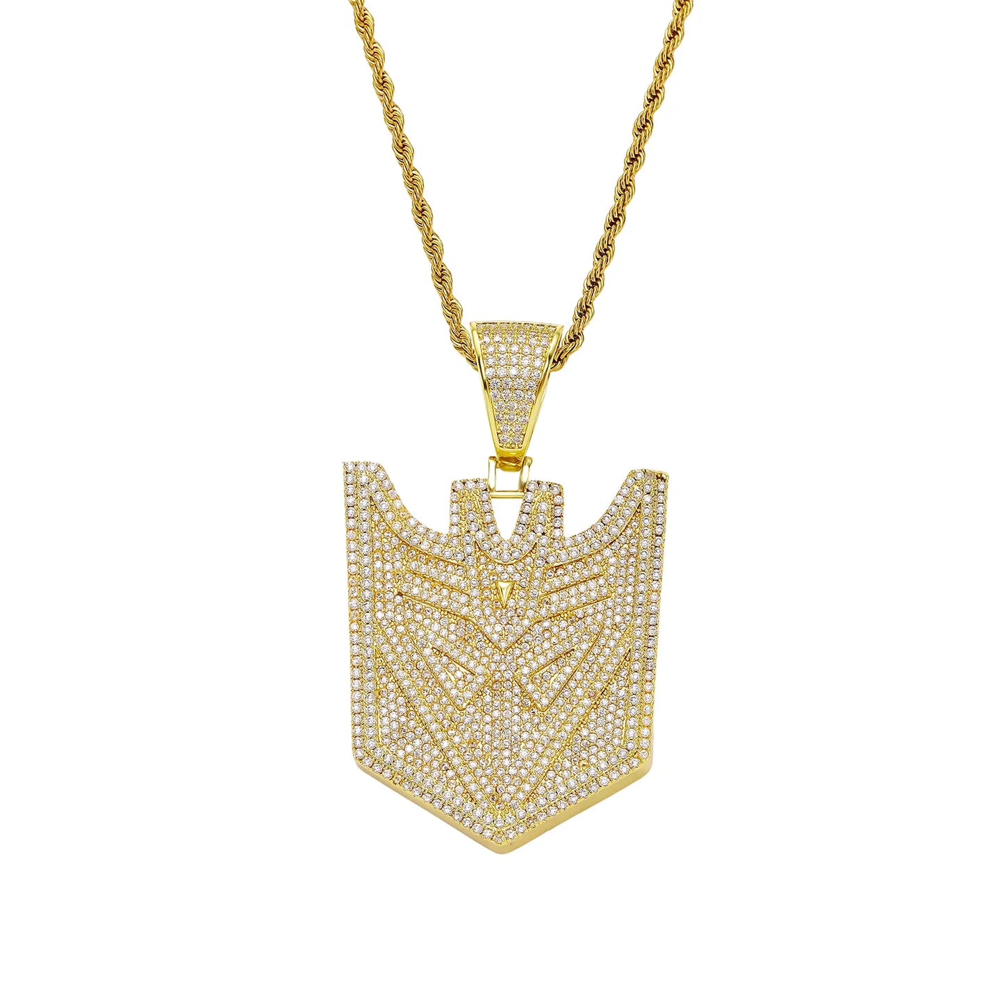Iced Out Transformers Autobots Robot Shield Pendant Necklace Gold-Plated CZ Twist Chain