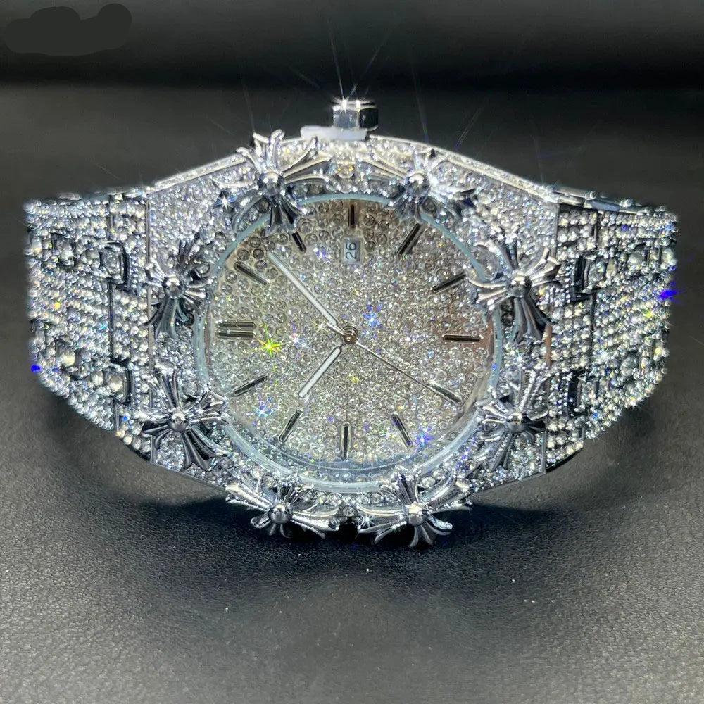 Men's Watches Thorn Crown Quartz Wristwatch Fashion Hip Hop Ice Crystal Watch Men Luxury Business Quartz Wristwatch - DripVault