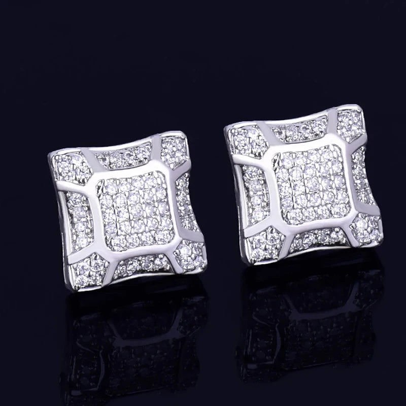 Hip Hop Claw Setting AAAAA+ Cubic Zirconia Bling Ice Out Stud Earring Male 11mm Square CZ Earrings for Men Rapper Jewelry - DripVault