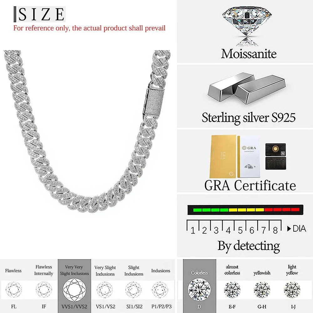 14mm Moissanite Cuban Diamond Chain Hip Hop Cuban Iced Out Chain For Men 925 Sterling Silver VVS Jewelry Necklace - DripVault
