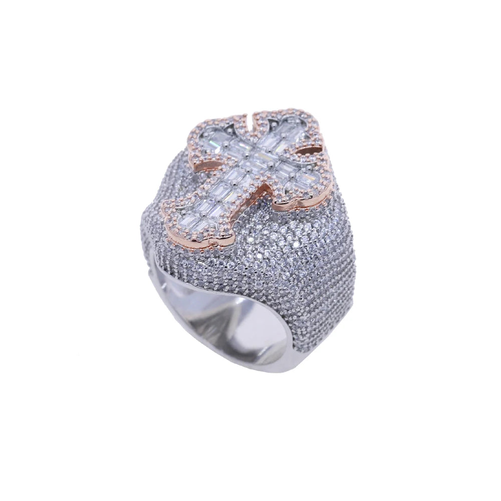 Two Tone Color Cross Finger Ring Iced Out Bling 5A Cubic Zircon Prong Setting Fashion Luxulry Men Hip Hop Finger Jewelry - DripVault