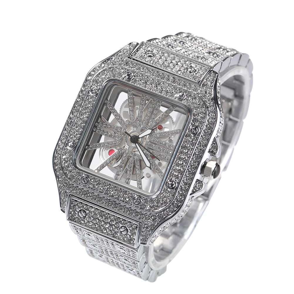 Iced Out Men Watch Square Dial Quartz Luxury Cartier Style Brand Automatic Wrist Watches Skeleton Clock Hiphop - DripVault