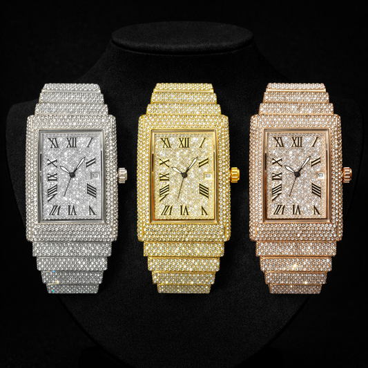 Gold Men's Watches Rectangle Dial Luxury Diamond Fashion Big Wristwatches Luminous Point Iced Quartz Watch For Men - DripVault