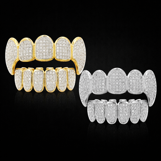New Fit Silver Plated CZ Micro Pave Top & Bottom GRILL SET Rhodium Teeth Grills Vampire Tooth Grillz - DripVault