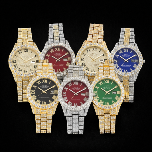 Diamond Bling Watch Men Gold Color Luxury Gift Quartz Watches Male Clock Rhinestone Calendar Wristwatch - DripVault