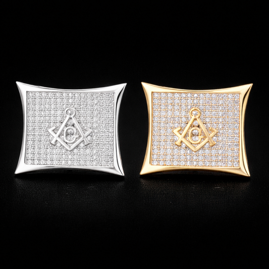 Iced Square Masonic Freemasonry Stud Earring Gold Color Cubic Zircon Earrings For Men Hip Hop Jewelry For Gift 15mm - DripVault