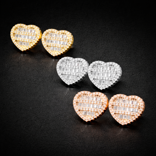 Heart Shaped Screw Back Stud Earring Iced Out Baguette Cubic Zirconia Men Women Hiphop Jewelry Best Gift - DripVault