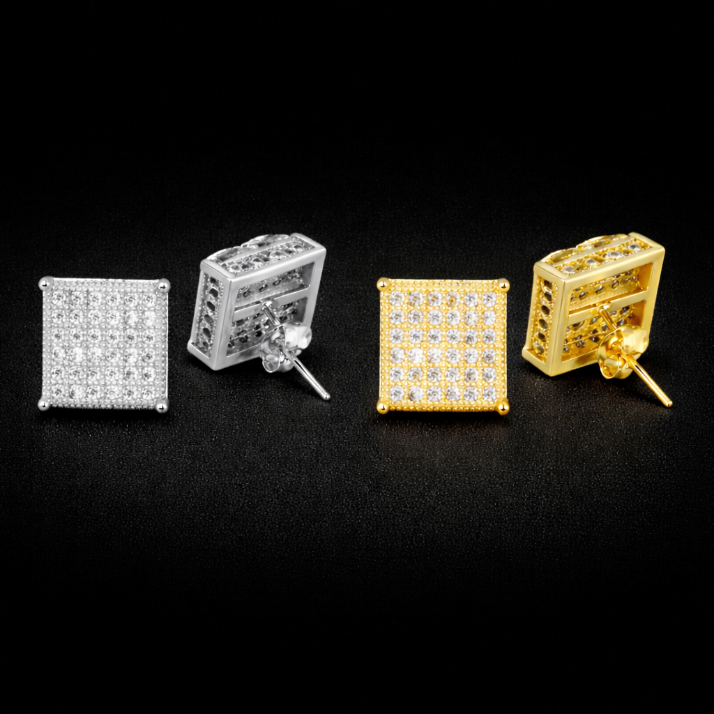 Micro Pave CZ Earring Gold Color Hip hop Jewelry Copper Iced AAA CZ Square Stud Earrings Push-back 12x12mm Street Rock - DripVault