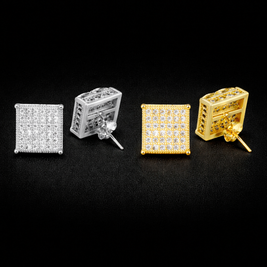 Micro Pave CZ Earring Gold Color Hip hop Jewelry Copper Iced AAA CZ Square Stud Earrings Push-back 12x12mm Street Rock - DripVault