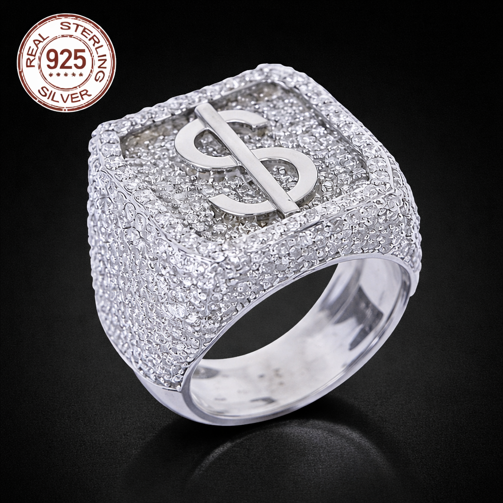 2026 New Men's Geometric Carving Dollar Symbol 925 Silver Rings Platinum Plated - DripVault