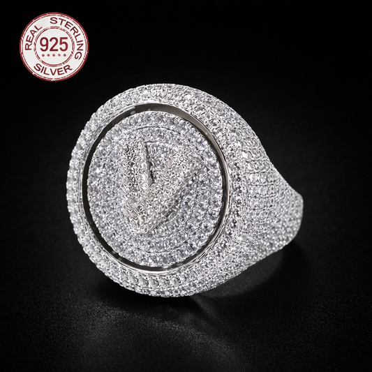 Luxury V Letters Fully Iced Out 925 Sterling Ring Hip Hop Style Icy Zircon Round - DripVault
