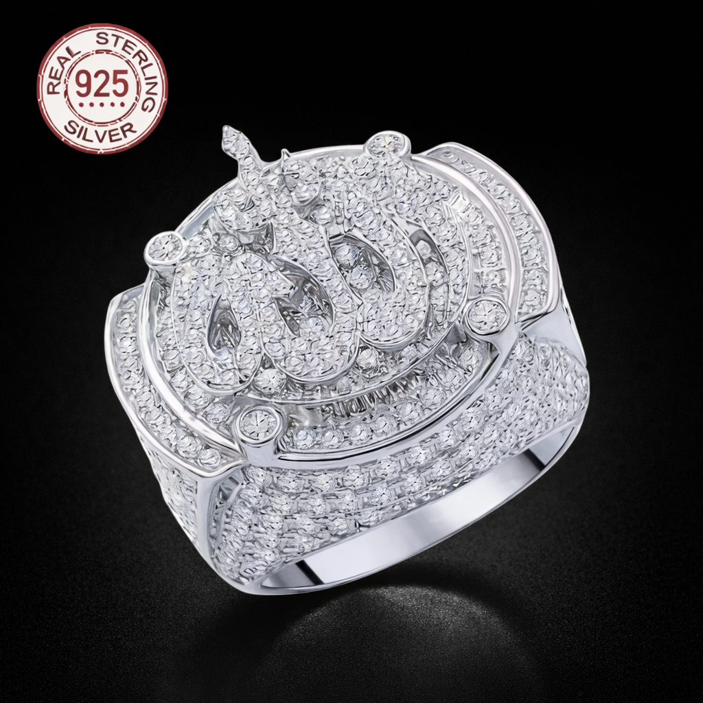 14K White Gold Plated Over 925 Sterling Silver Ring Allah God Muslim Islamic - DripVault