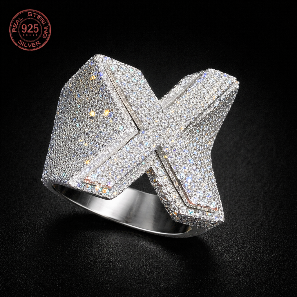Fully Iced Out Initial X Diamond Letter Rings For Men Luxury 925 Sterling Silver - DripVault