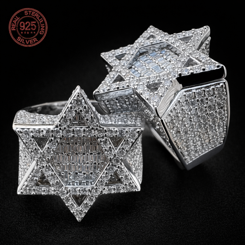Men's Luxury 925 Sterling Silver Retro Hexagram Hip Hop Ring Platinum Plated - DripVault