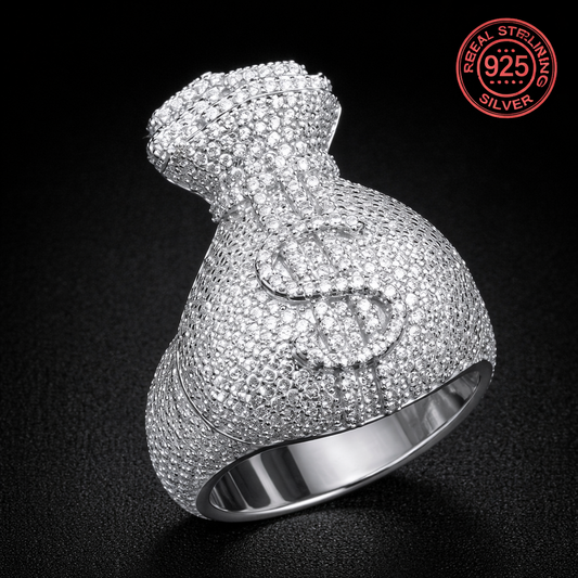 Unique Men's 925 Sterling Silvery Icy Out Money Bag Baguette Dollar Sign Ring - DripVault