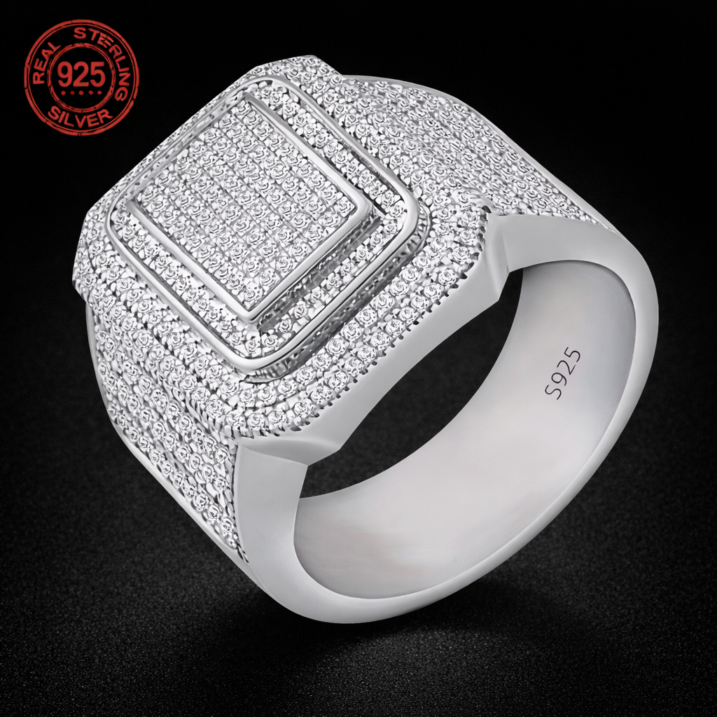 Luxury 925 Sterling Silver Cluster Mens Iced Out Ring Double Layer Sqaure - DripVault