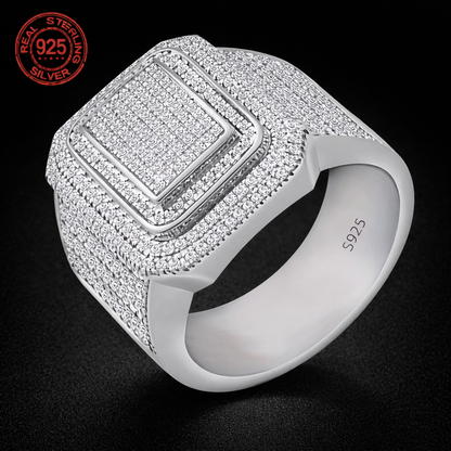 Luxury 925 Sterling Silver Cluster Mens Iced Out Ring Double Layer Sqaure - DripVault