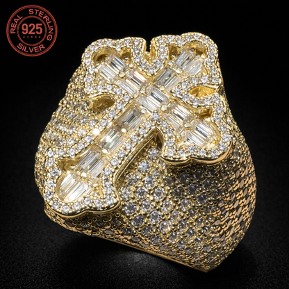 Men's Baguette Gold Plated Over Solid 925 Sterling Silver Gothic Cross Ring - DripVault