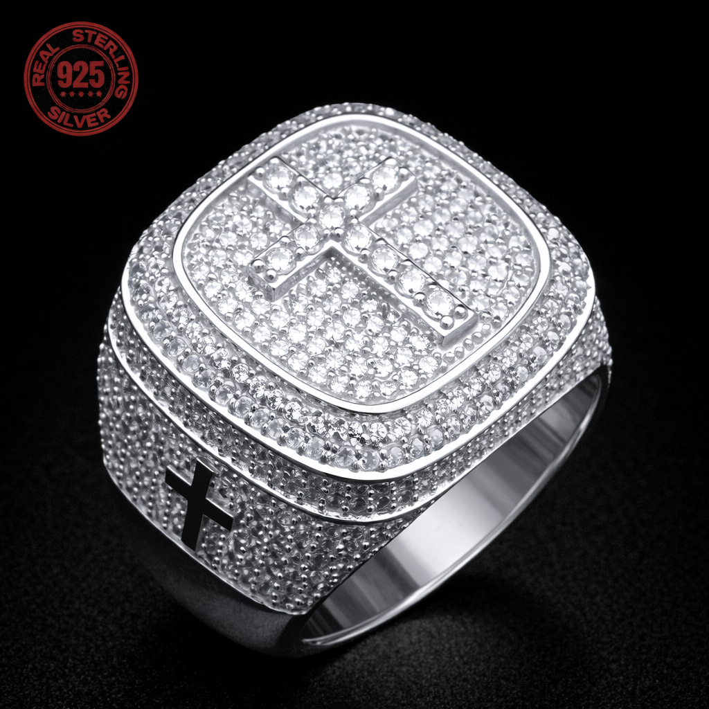 Men SOLID 925 Sterling Silver Icy Bling CZ Hiphop 3D Square Cross Ring Platinum - DripVault
