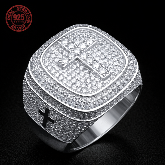Men SOLID 925 Sterling Silver Icy Bling CZ Hiphop 3D Square Cross Ring Platinum - DripVault