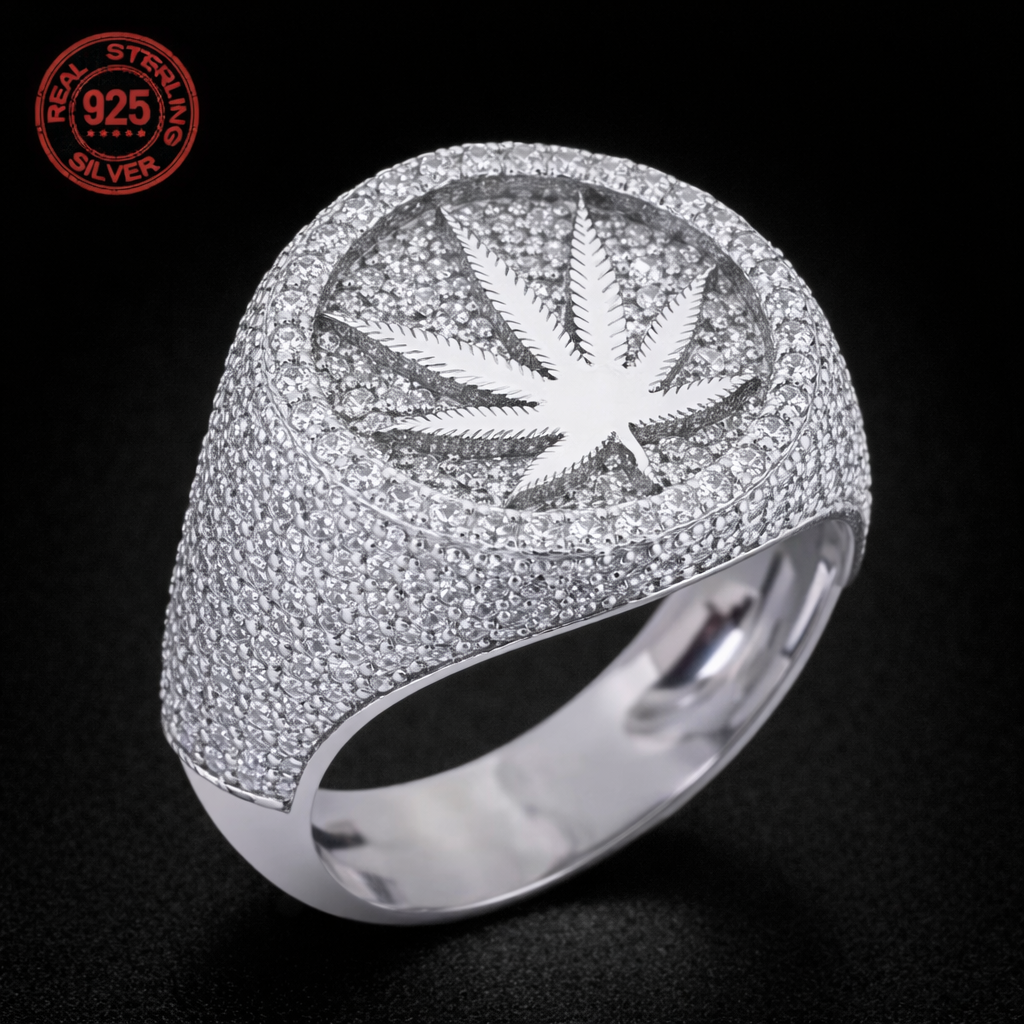 Luxury 925 Sterling Silver Iced Out Marijuana Rings for Men Leaf Hip Hop AAAAA - DripVault