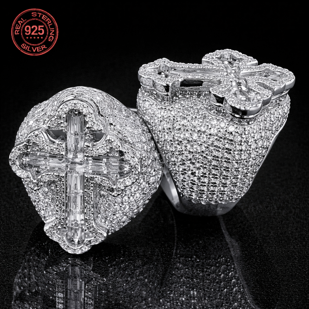 Fashion Design Brilliant 925 Silver Cross Ring Shiny Zircon Inlay Iced Out - DripVault