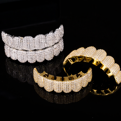 2026 Premium Grillz Set Micro Pave Full Cover Teeth Jewelry Top + Bottom 8x8 - DripVault