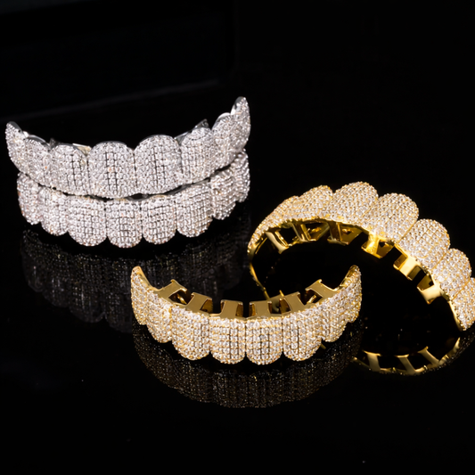 2026 Premium Grillz Set Micro Pave Full Cover Teeth Jewelry Top + Bottom 8x8 - DripVault