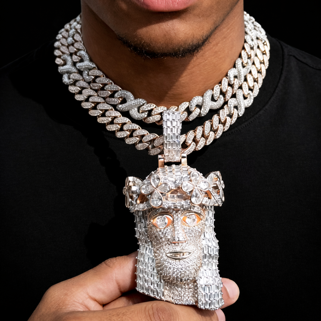 Iced Out Religious Jesus Head Pendant Necklaces Rose Gold Color CZ - DripVault