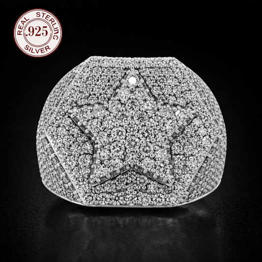 2026 Fashion 925 Silver Rings For Men Luxury White Gold Plated Five Star Hip Hop - DripVault