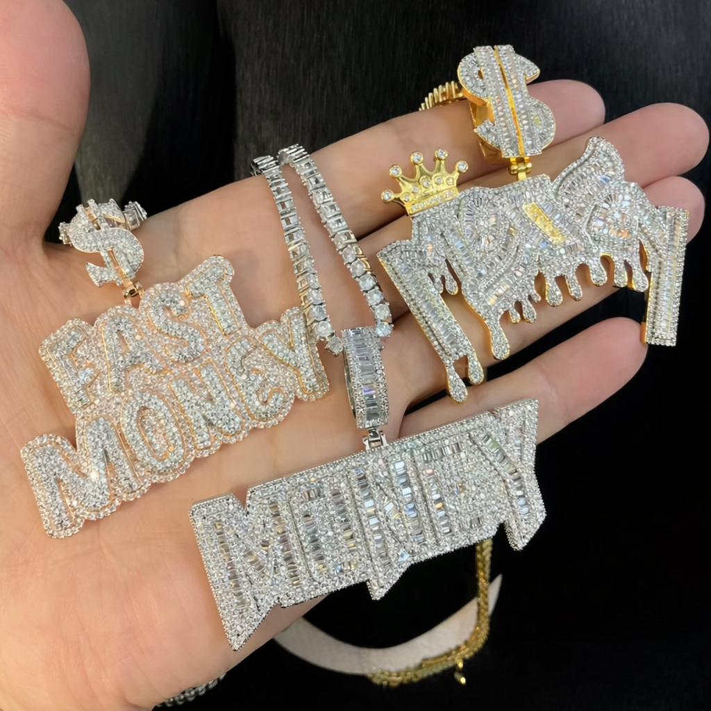 New Iced Out Bling Crown Letters Money Pendant Necklace Two Tone Color CZ Zircon Dollar Symbol Necklaces Men's Hip Hop Jewelry - DripVault