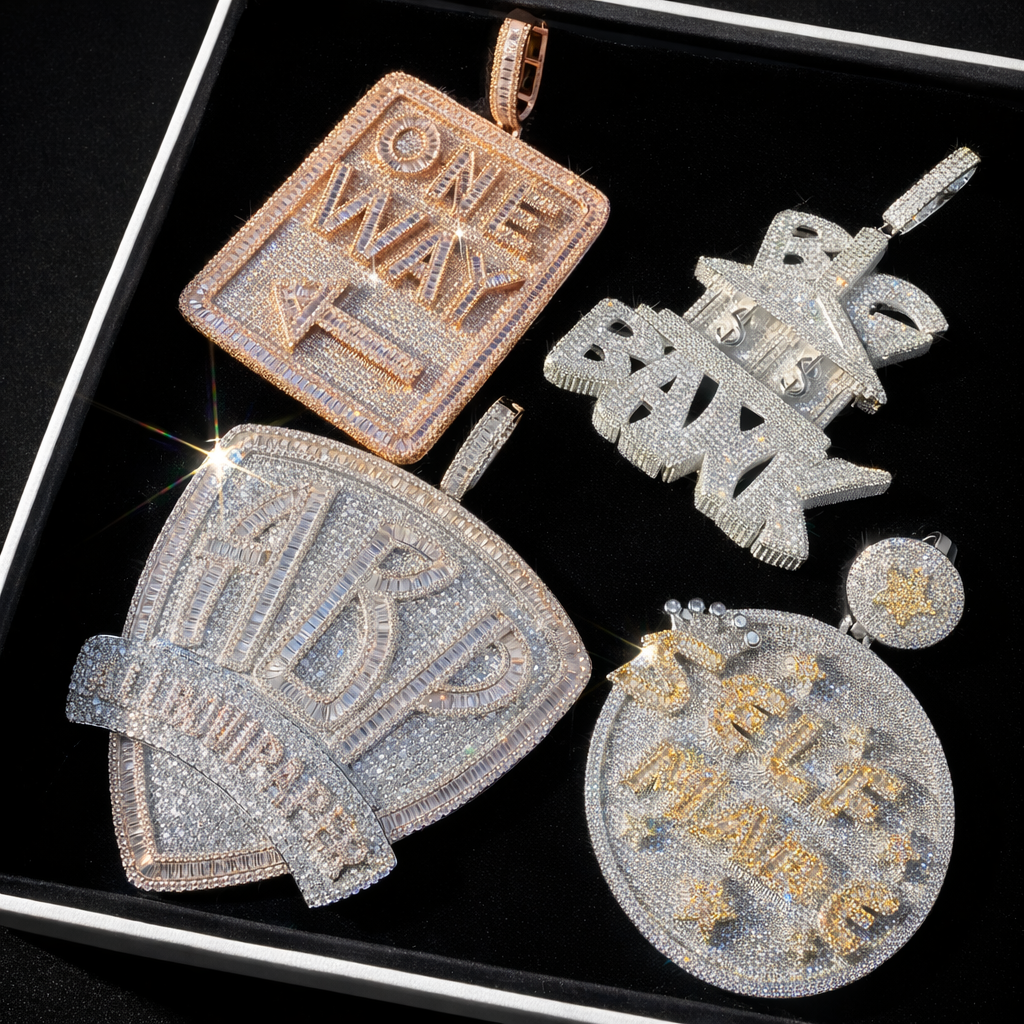 Iced Out Letter Heavy Chunk Big Pendant Necklace Bling CZ Cubic Zirconia Self Made Badge Charm Men Fashion Hip Hop Jewelry - DripVault
