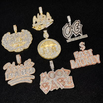 Iced Out Bling Two Tone Color CZ Letters Pendant Necklace Cubic Zirconia Various Design Badge Men Women Fashion Hip Hop Jewelry - DripVault