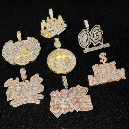 Iced Out Bling Two Tone Color CZ Letters Pendant Necklace Cubic Zirconia Various Design Badge Men Women Fashion Hip Hop Jewelry - DripVault
