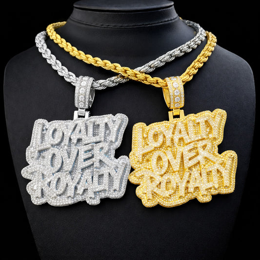 Bubble Letter New Iced Out Bling CZ Loyalty Over Royalty Pendant Necklace Cubic Zirconia Two Tone Color Charm Men HipHop Jewelry - DripVault