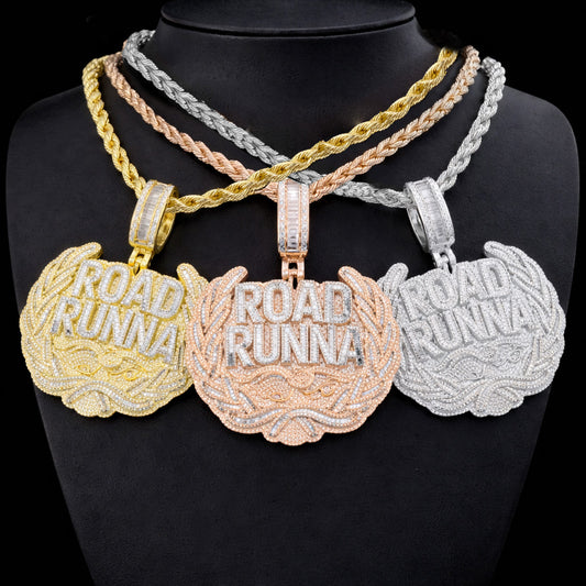 New Iced Out Bling CZ Letter Road Runna Pendant Necklace Cubic Zirconia Two Tone Color Badge Charm Men Fashion Hip Hop Jewelry - DripVault