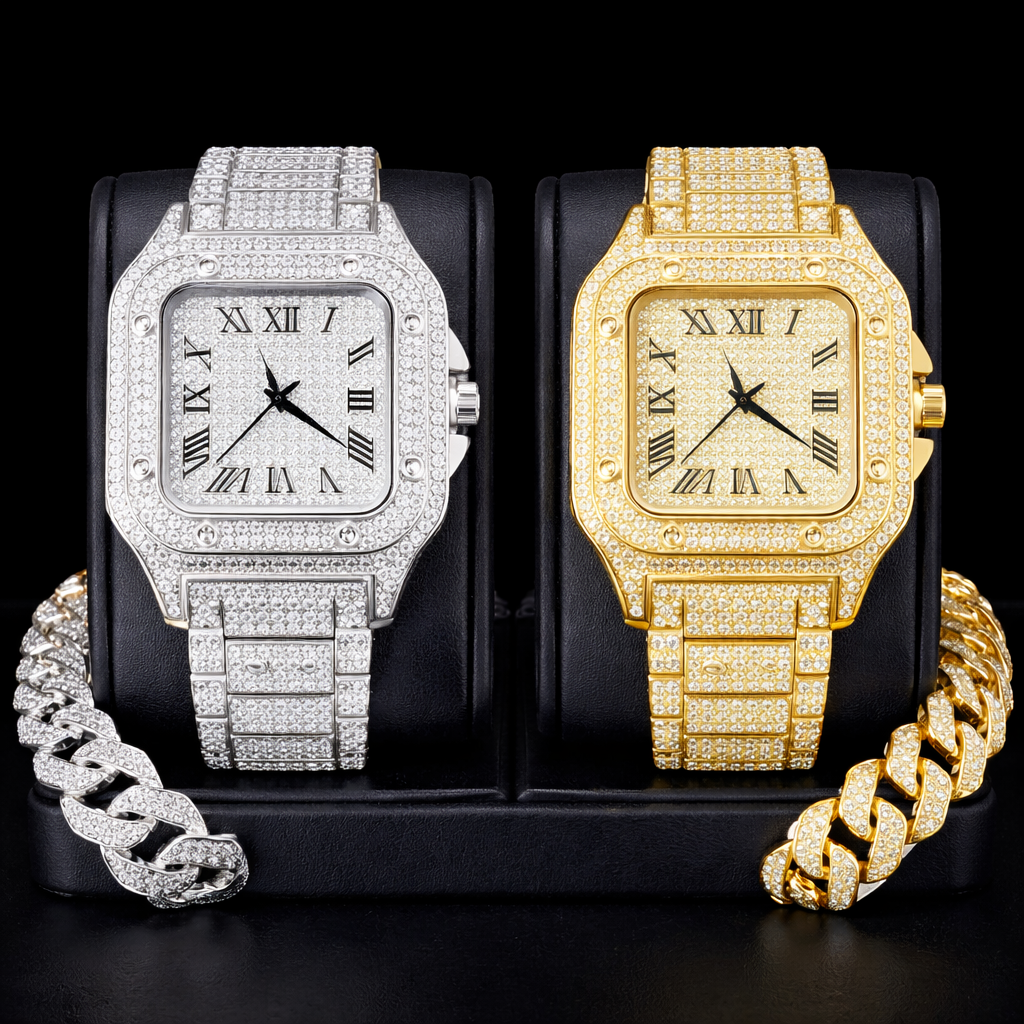 Luxury Iced Out Watches Hip Hop Bust Down Unisex Diamond Watch, Stainless Steel Studded Wrist Watch With Bracelet - DripVault