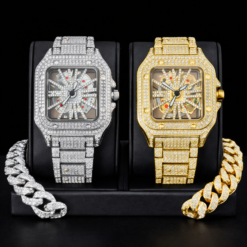 Iced Out Men Watch Square Dial Quartz Luxury Cartier Style Brand Automatic Wrist Watches Skeleton Clock Hiphop - DripVault