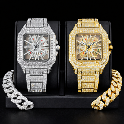 Iced Out Men Watch Square Dial Quartz Luxury Cartier Style Brand Automatic Wrist Watches Skeleton Clock Hiphop - DripVault