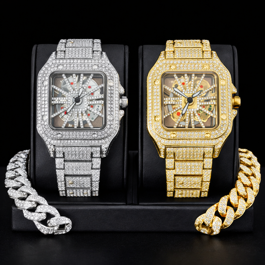 Iced Out Men Watch Square Dial Quartz Luxury Cartier Style Brand Automatic Wrist Watches Skeleton Clock Hiphop - DripVault