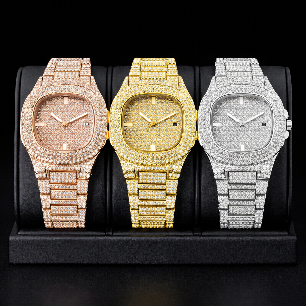 Luxury Full Diamond Men's Petek Style Stainless Steel Watches Male Sports Quartz Wristwatch with Calendar - DripVault