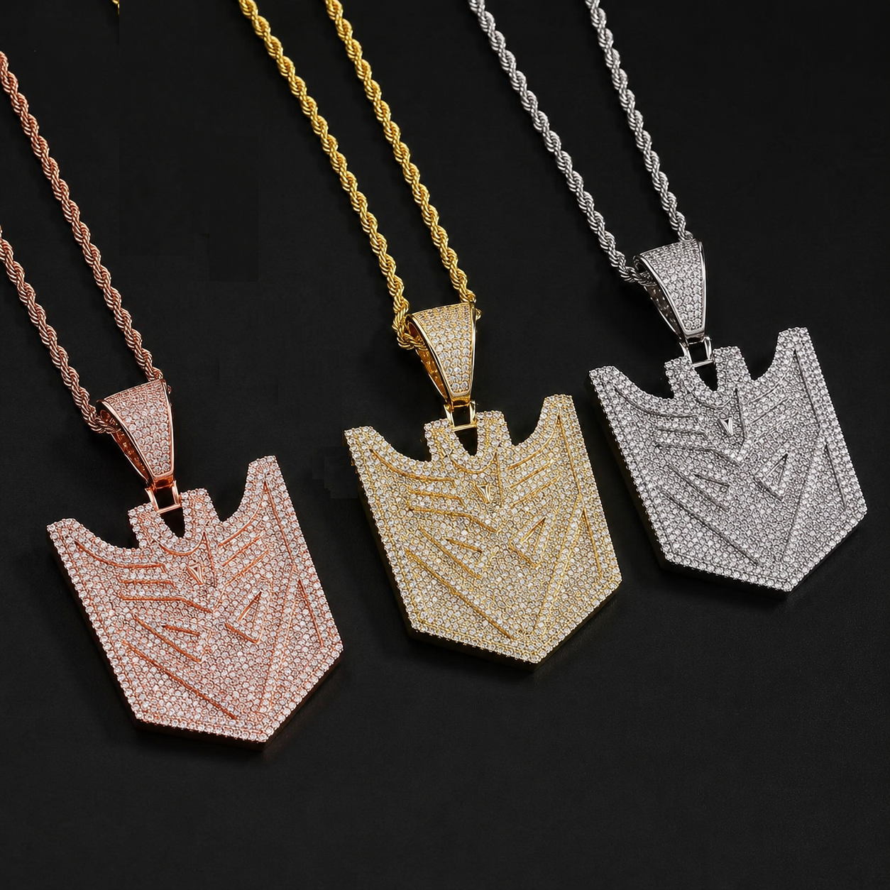 Iced Out Transformers Autobots Robot Shield Pendant Necklace Gold-Plated CZ Twist Chain