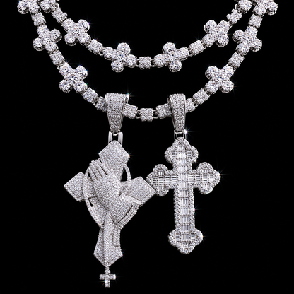 2026 New Iced Out Cross Pendant Necklace Star Link Chain Praying Hands CZ