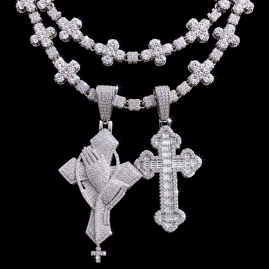 2026 New Iced Out Cross Pendant Necklace Star Link Chain Praying Hands CZ