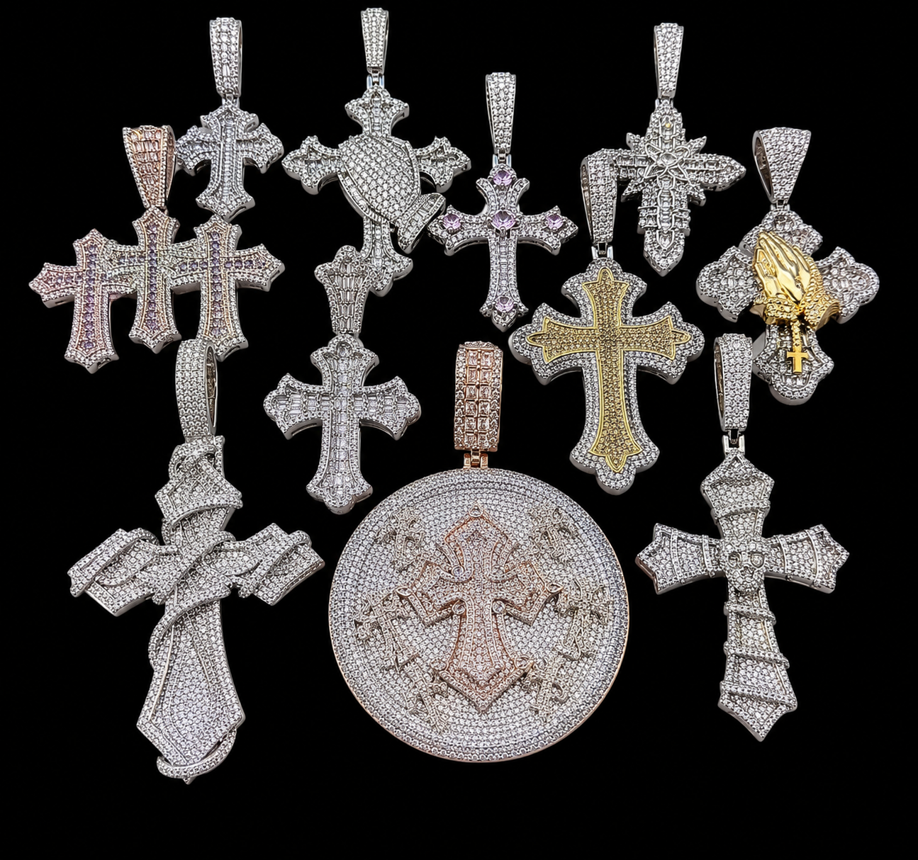 Iced Out Multi Style Bling Big Cross Pendant Necklace Silver Color Prong Setting CZ