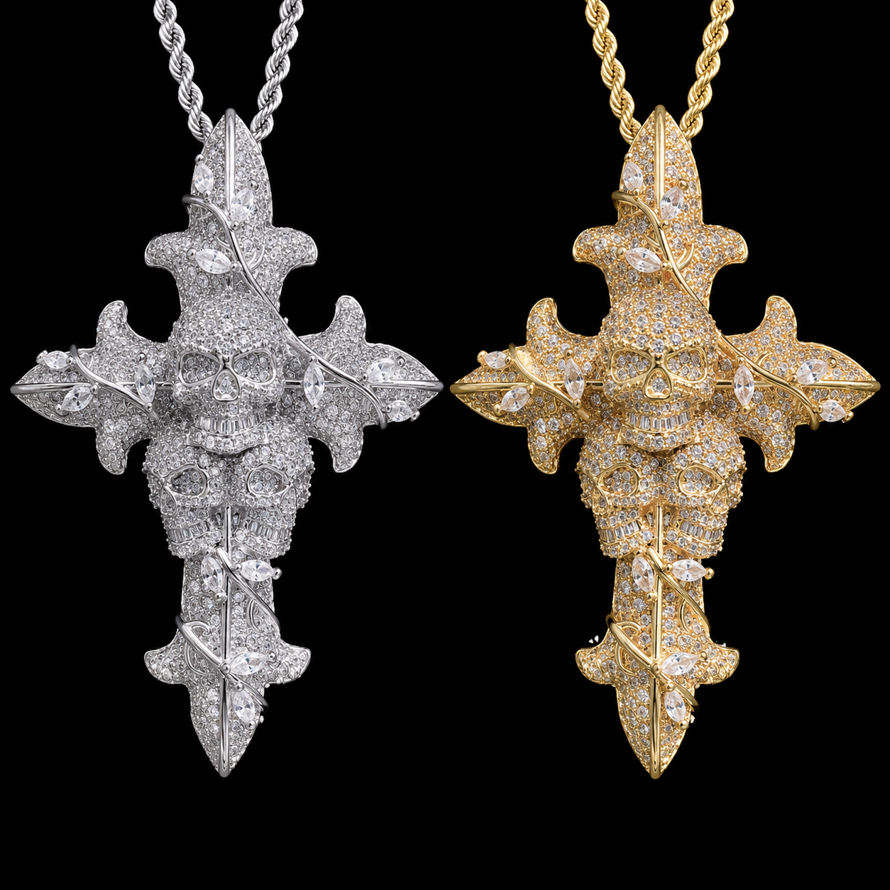 Skull Cross Hip Hop Pendant Necklace Gold Silver Color Chain CZ Rapper Jewelry