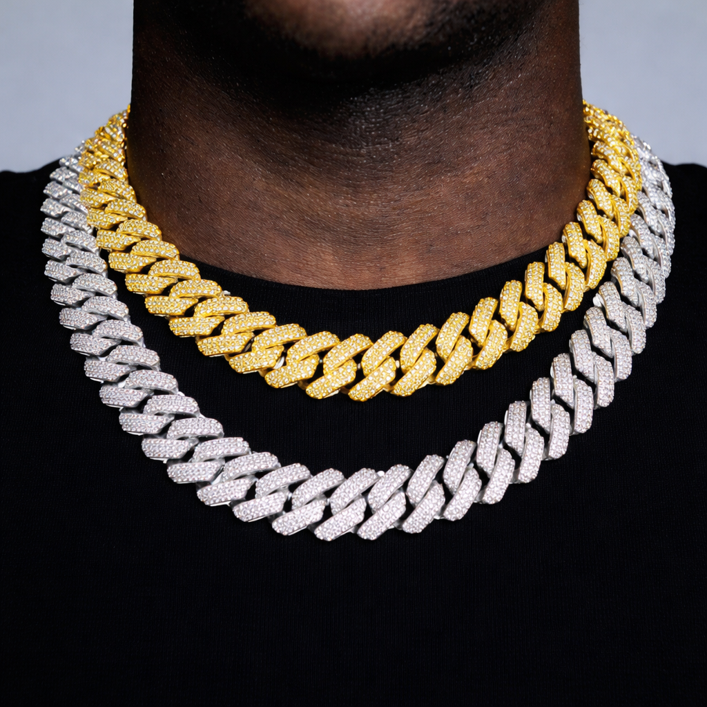 Iced Out 20 inch Jewelry Hip Hop Silver Gold Cuban Link Chain High Quality - DripVault